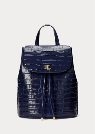Raffinerade marinblå kvinnors Ralph Lauren präglade läder Medium Winny Ryggsäckar