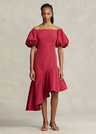 Röd Ralph Lauren Rufsig asymmetrisk klänning i taft för kvinnor