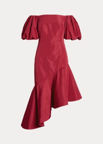 Röd Ralph Lauren Rufsig asymmetrisk klänning i taft för kvinnor