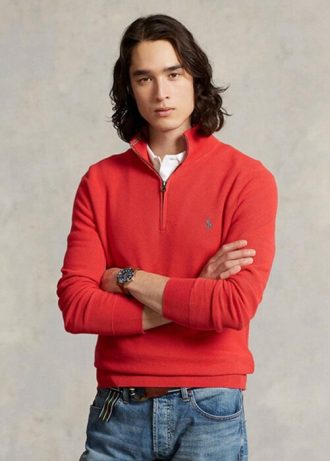 Röda Ralph Lauren Mesh-stickad bomullströjor med kvarts dragkedja för män