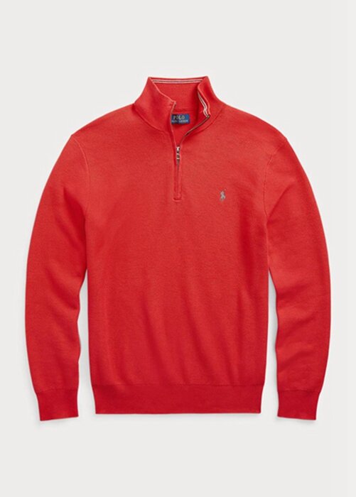 Röda Ralph Lauren Mesh-stickad bomullströjor med kvarts dragkedja för män Röda Ralph Lauren Mesh-stickad bomullströjor med kvarts dragkedja för män