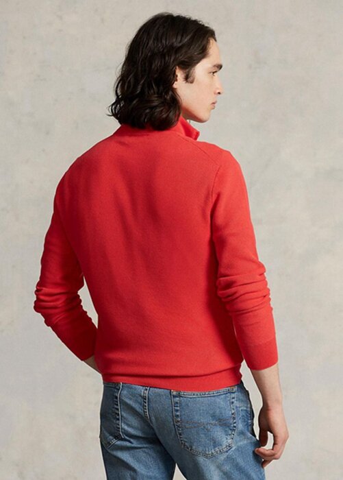 Röda Ralph Lauren Mesh-stickad bomullströjor med kvarts dragkedja för män Röda Ralph Lauren Mesh-stickad bomullströjor med kvarts dragkedja för män
