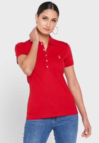 Röda Ralph Lauren Pikétröjor med knappdetaljer för kvinnor