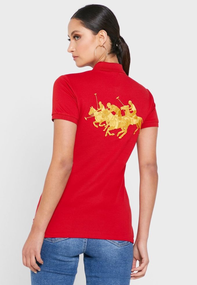 Röda Ralph Lauren Pikétröjor med knappdetaljer för kvinnor Röda Ralph Lauren Pikétröjor med knappdetaljer för kvinnor