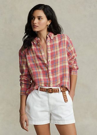 Rosa dam Ralph Lauren Relaxed Fit rutiga linneskjortor Rosa dam Ralph Lauren Relaxed Fit rutiga linneskjortor