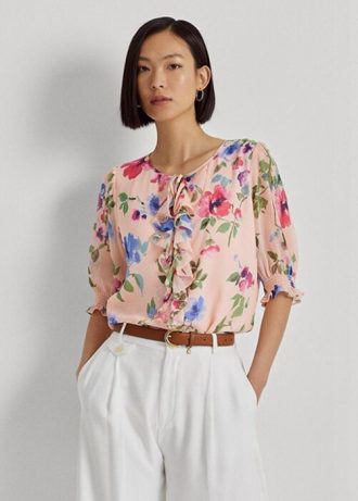 Rosa Ralph Lauren blommiga krinkle Georgette blustoppar för kvinnor