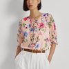 Rosa Ralph Lauren blommiga krinkle Georgette blustoppar för kvinnor Rosa Ralph Lauren blommiga krinkle Georgette blustoppar för kvinnor