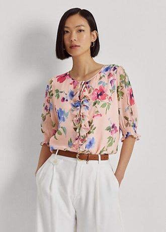 Rosa Ralph Lauren blommiga krinkle Georgette blustoppar för kvinnor