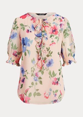 Rosa Ralph Lauren blommiga krinkle Georgette blustoppar för kvinnor