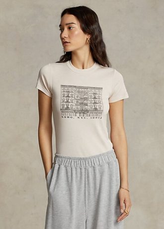 Rosa Ralph Lauren Slim Grafisk Ribbad bomull T-shirts för kvinnor