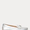 Silver Ralph Lauren Barnsbury Metallic Nappa Läder Driver Flat Shoes för kvinnor Silver Ralph Lauren Barnsbury Metallic Nappa Läder Driver Flat Shoes för kvinnor