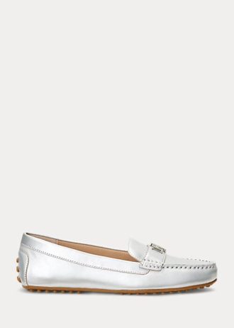 Silver Ralph Lauren Barnsbury Metallic Nappa Läder Driver Flat Shoes för kvinnor Silver Ralph Lauren Barnsbury Metallic Nappa Läder Driver Flat Shoes för kvinnor