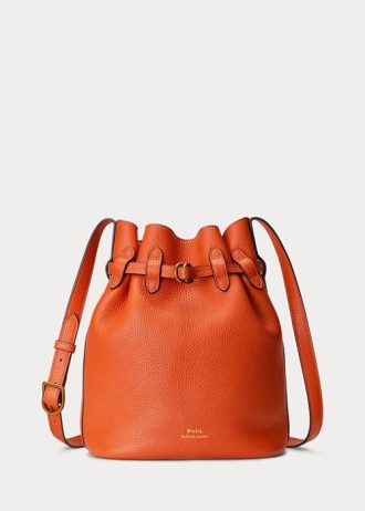 Sunset Orange Ralph Lauren Läder Medium Bellport Bucket Bags för kvinnor