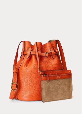 Sunset Orange Ralph Lauren Läder Medium Bellport Bucket Bags för kvinnor
