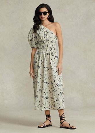 Svart / Beige Dam Ralph Lauren Blommig Asymmetrisk Shirred Poplin Klänning