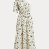 Svart / Beige Dam Ralph Lauren Blommig Asymmetrisk Shirred Poplin Klänning Svart / Beige Dam Ralph Lauren Blommig Asymmetrisk Shirred Poplin Klänning