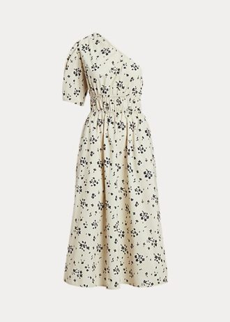 Svart / Beige Dam Ralph Lauren Blommig Asymmetrisk Shirred Poplin Klänning