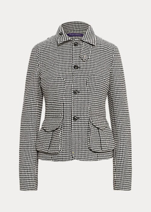 Svart / Cream Ralph Lauren Cartwright Houndstooth ullblandningsjackor för kvinnor Svart / Cream Ralph Lauren Cartwright Houndstooth ullblandningsjackor för kvinnor