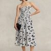 Svart/gräddfärgad dam Ralph Lauren blommig linne axelbandslös klänning Svart/gräddfärgad dam Ralph Lauren blommig linne axelbandslös klänning