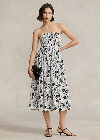 Svart/gräddfärgad dam Ralph Lauren blommig linne axelbandslös klänning