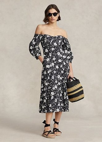 Svart/gräddfärgad dam Ralph Lauren blommig off-the-shoulder linneklänning