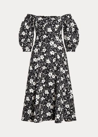 Svart/gräddfärgad dam Ralph Lauren blommig off-the-shoulder linneklänning