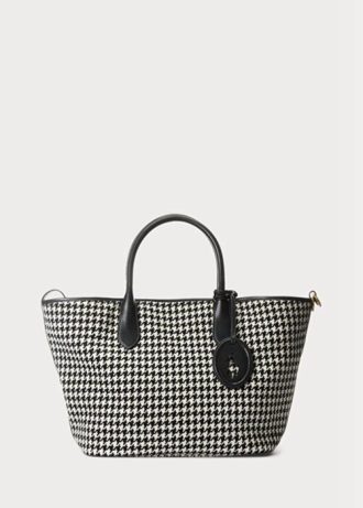 Svart Ralph Lauren Houndstooth Medium Bellport handväska för kvinnor Svart Ralph Lauren Houndstooth Medium Bellport handväska för kvinnor