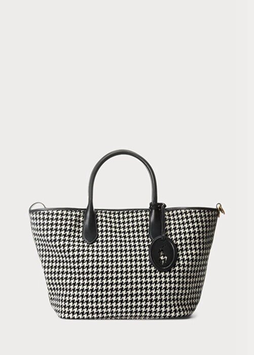 Svart Ralph Lauren Houndstooth Medium Bellport handväska för kvinnor Svart Ralph Lauren Houndstooth Medium Bellport handväska för kvinnor