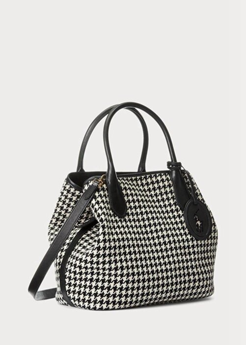 Svart Ralph Lauren Houndstooth Medium Bellport handväska för kvinnor Svart Ralph Lauren Houndstooth Medium Bellport handväska för kvinnor