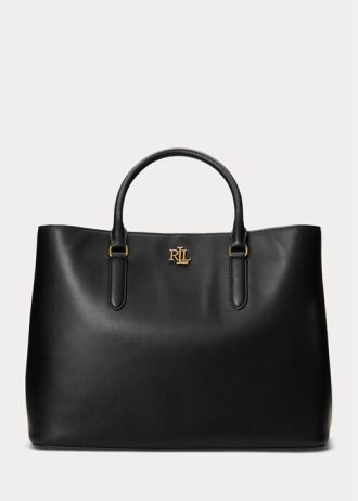 Svart Ralph Lauren läder, stora Marcy Satchel-väskor för kvinnor