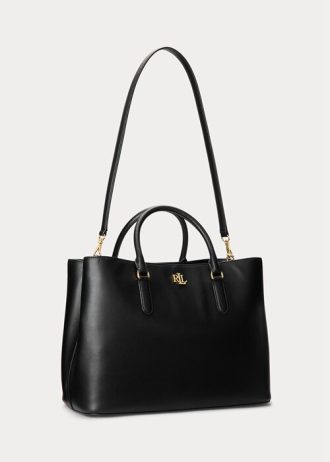 Svart Ralph Lauren läder, stora Marcy Satchel-väskor för kvinnor