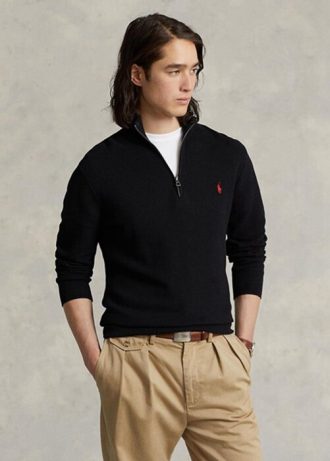 Svart Ralph Lauren Mesh-stickad bomullströja med kvarts dragkedja för män