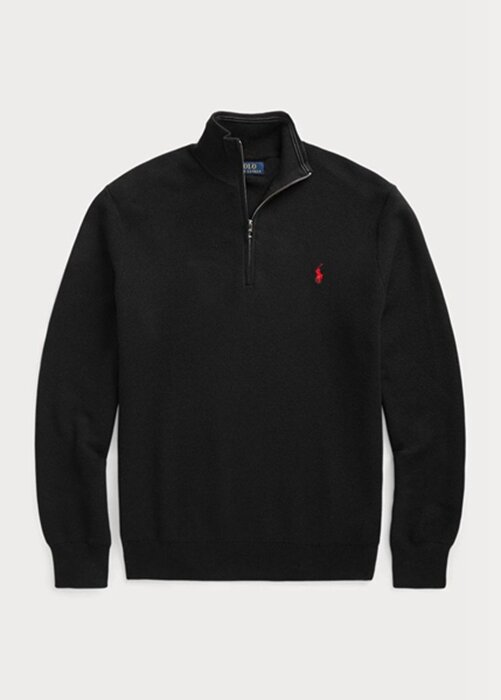 Svart Ralph Lauren Mesh-stickad bomullströja med kvarts dragkedja för män Svart Ralph Lauren Mesh-stickad bomullströja med kvarts dragkedja för män
