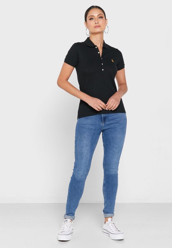 Svart Ralph Lauren Pikétröja med knappdetaljer för kvinnor Svart Ralph Lauren Pikétröja med knappdetaljer för kvinnor