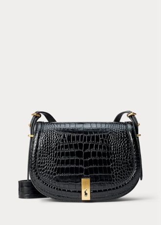 Svart Ralph Lauren Polo ID Croc-präglade sadelväskor för kvinnor