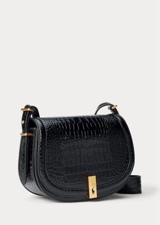 Svart Ralph Lauren Polo ID Croc-präglade sadelväskor för kvinnor
