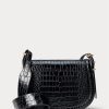 Svart Ralph Lauren Polo ID Croc-präglade sadelväskor för kvinnor Svart Ralph Lauren Polo ID Croc-präglade sadelväskor för kvinnor