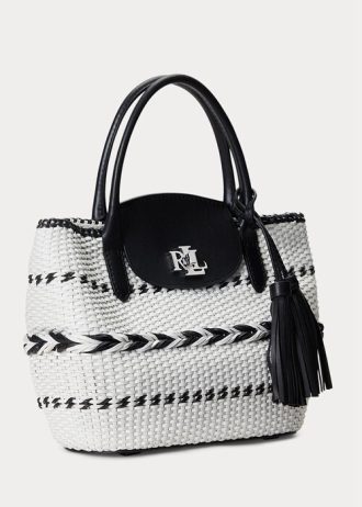 Svart/snövit dam Ralph Lauren geomotiv vävt läder stora Perri tygväskor Svart/snövit dam Ralph Lauren geomotiv vävt läder stora Perri tygväskor