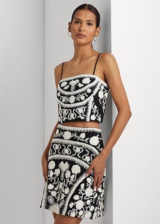 Svart/vit dam Ralph Lauren broderade beskurna ärmlösa blustoppar
