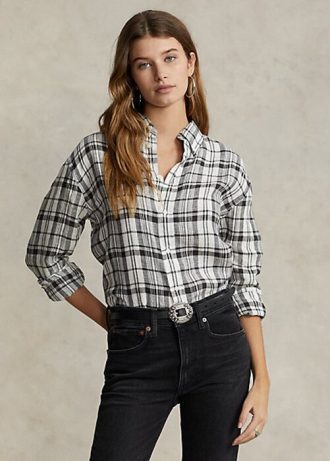 Svart/vit dam Ralph Lauren Relaxed Fit rutiga linneskjortor