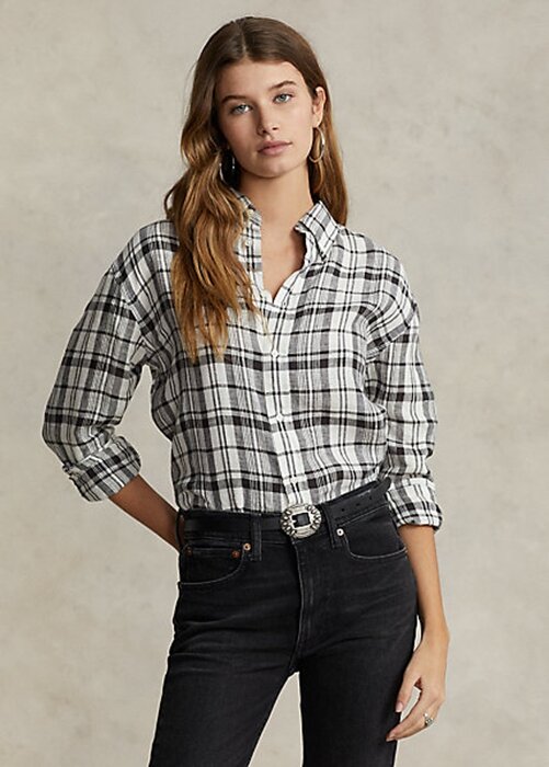 Svart/vit dam Ralph Lauren Relaxed Fit rutiga linneskjortor Svart/vit dam Ralph Lauren Relaxed Fit rutiga linneskjortor