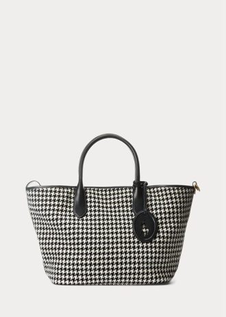 Svart/vit Houndstooth Ralph Lauren Houndstooth Medium Bellport tygväskor för kvinnor