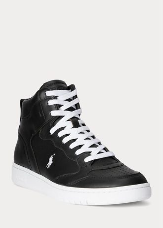 Svart/vit mäns Ralph Lauren Court High-Top Sneakers i läder