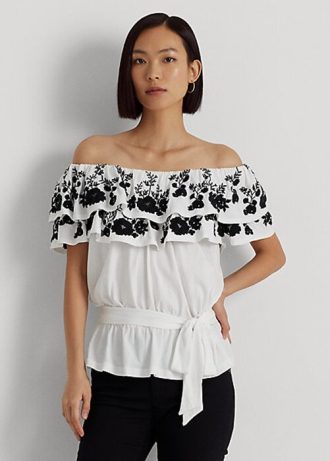 Svart/vit, Ralph Lauren broderad tröja för kvinnor, off-the-shoulder toppar