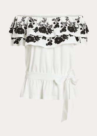 Svart/vit, Ralph Lauren broderad tröja för kvinnor, off-the-shoulder toppar