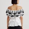 Svart/vit, Ralph Lauren broderad tröja för kvinnor, off-the-shoulder toppar
