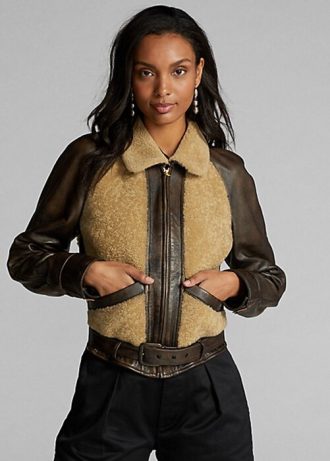 Svarta / Cream Ralph Lauren Shearling-paneler i skinnjackor för kvinnor