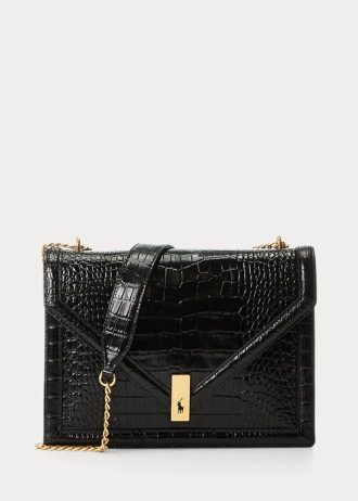 Svarta dam Ralph Lauren Polo ID Croc-präglade kuvert kedja Crossbody-väskor Svarta dam Ralph Lauren Polo ID Croc-präglade kuvert kedja Crossbody-väskor