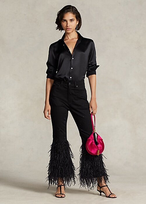 Svarta dam Ralph Lauren pärlor fjäder-trim High-Rise Flare Jeans Svarta dam Ralph Lauren pärlor fjäder-trim High-Rise Flare Jeans
