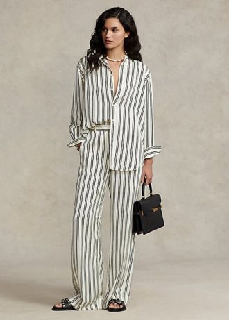 Svarta/gräddfärgade Ralph Lauren-randiga satinbyxor för kvinnor